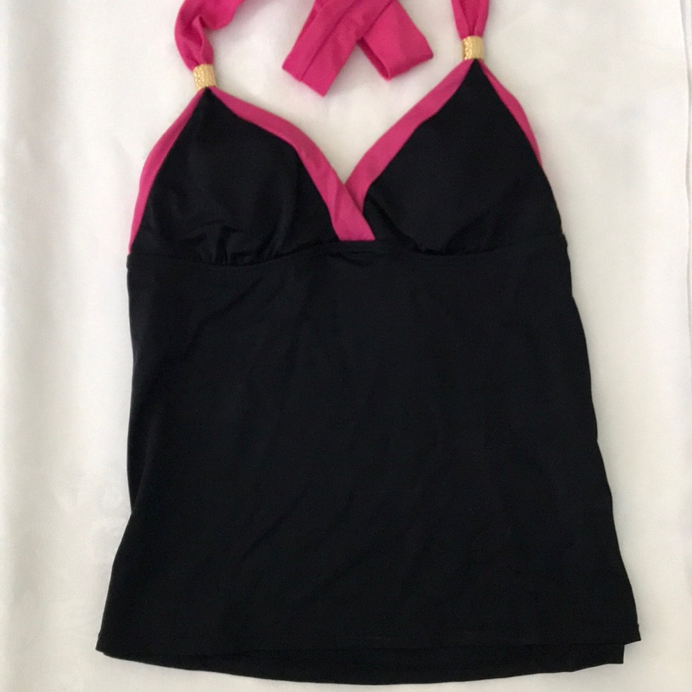 Black and pink tie halter bathing suit top